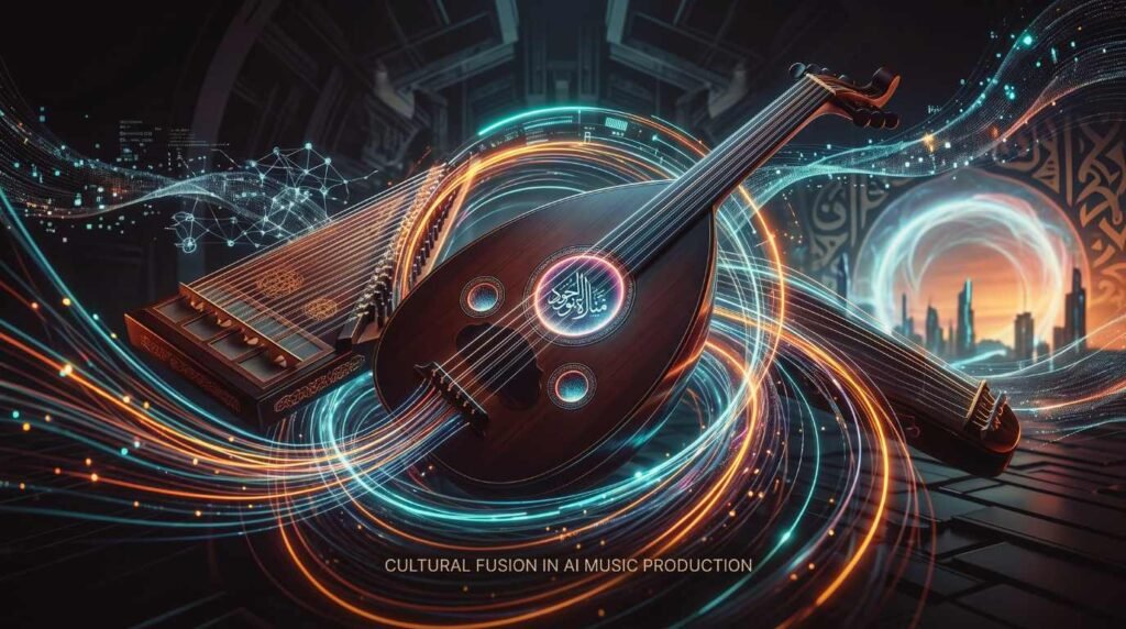 A surreal dark-themed digital art blending traditional Arabic instruments like Oud and Qanun with glowing algorithmic neon soundwaves for AI music production cultural fusion on Collective Finity.